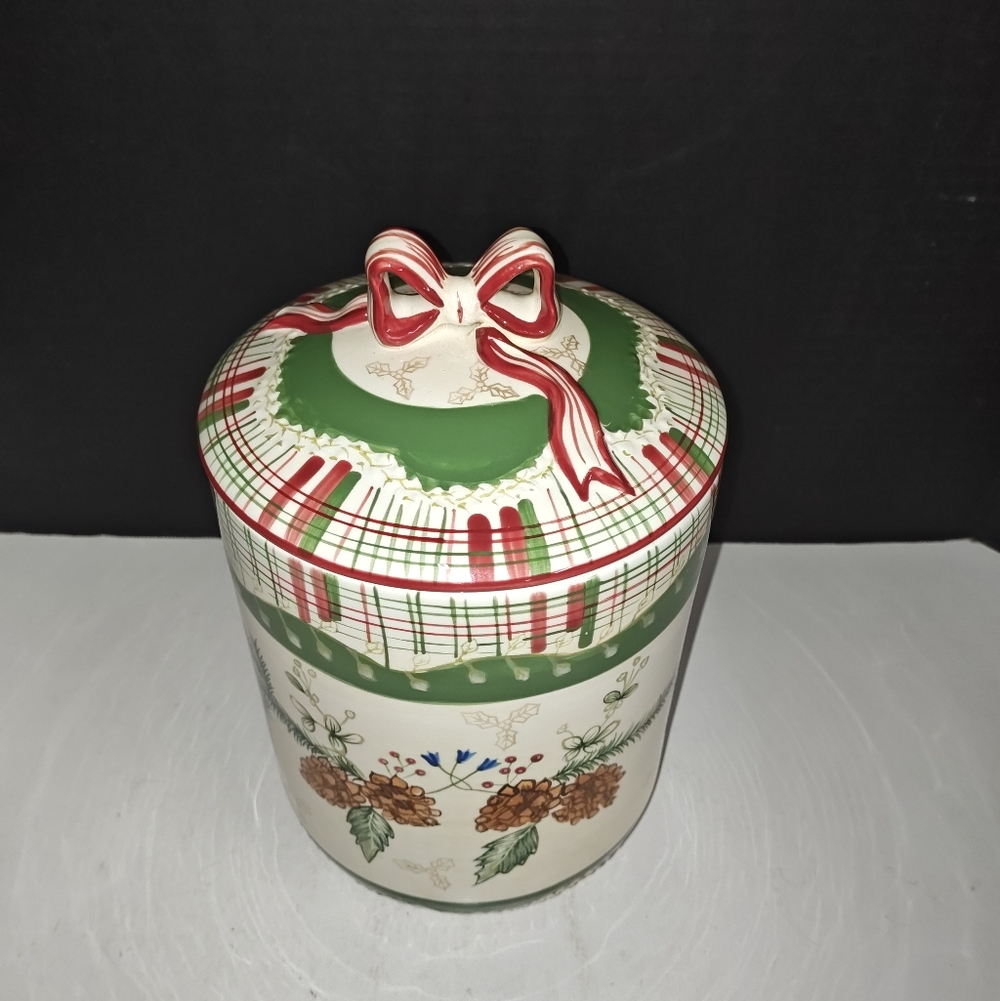 Harry & David Large Holiday Ceramic Kitchen Canister Pine Cone Graphic Design